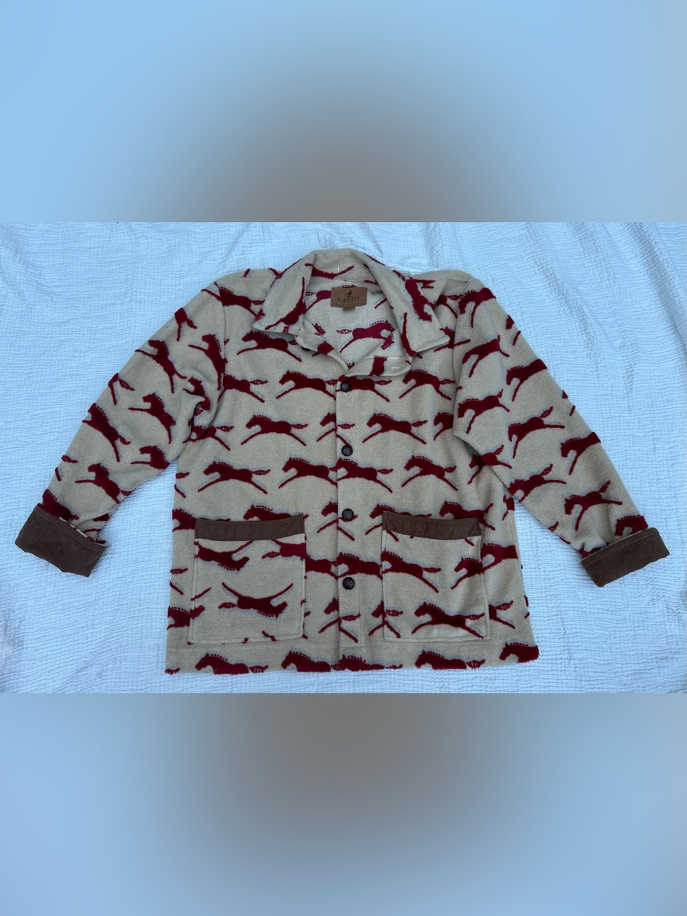 BARN FLY Beige Fleece Jacket with Burgundy Horse Print sz M
